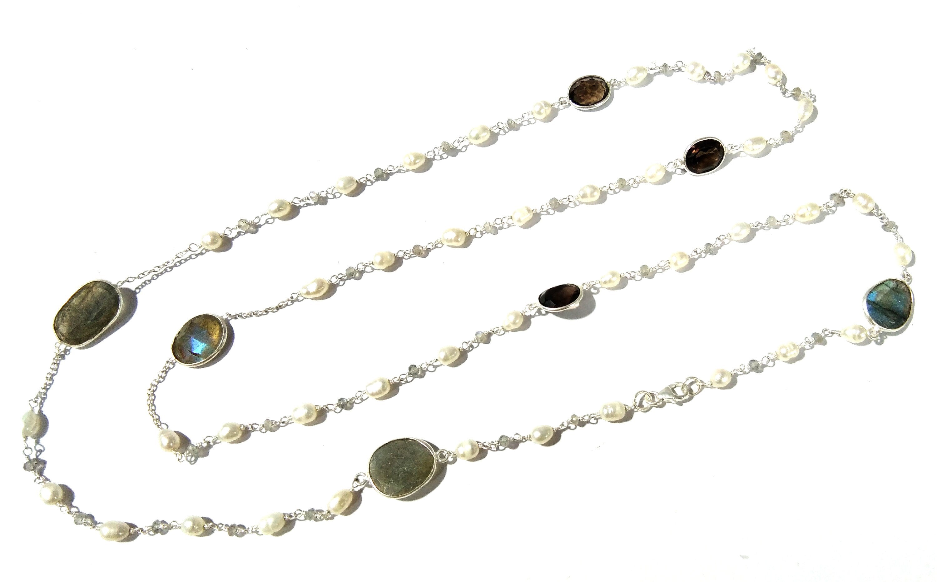 36'' Inch Log Beaded Necklace ! Lebradorite Necklace With Pearl & Smoky Quartz, 925 Sterling Silver Jewelry, Handmade Beaded Necklace.